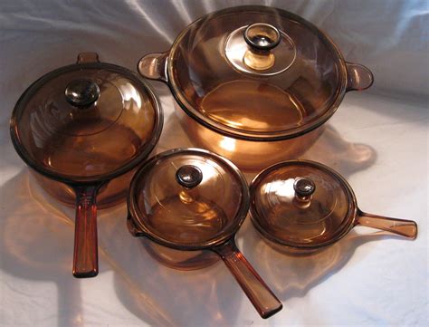 Vintage Vision Brown Glass Corning Pyrex Cookware Set Of 4