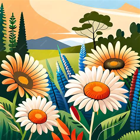 Premium AI Image | A painting of flowers with a mountain in the background