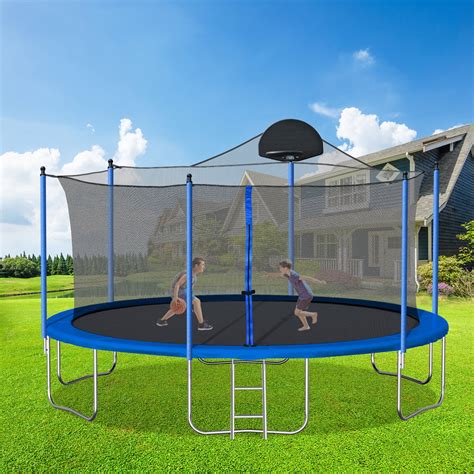 14 FT Heavy Duty Outdoor Trampoline with Enclosure and Basketball Hoop, Safety Design for Kids ...