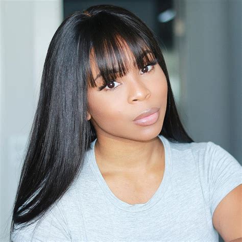 Black Color Straight With Bangs Real Human Hair Lace Front Wig ...