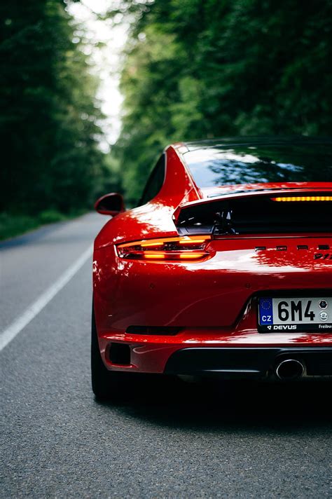 Porsche 911, porsche, car, sportscar, red, rear view, road, HD phone ...