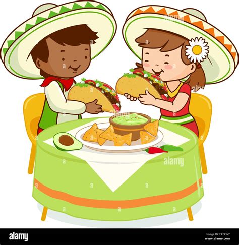 Mexican children at restaurant table eating tacos. Vector illustration ...