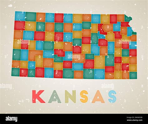 Kansas map. Us state poster with colored regions. Old grunge texture. Vector illustration of ...