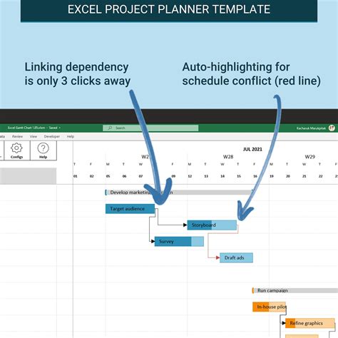 Excel Gantt Chart With Dependencies Links Project Planner | Etsy