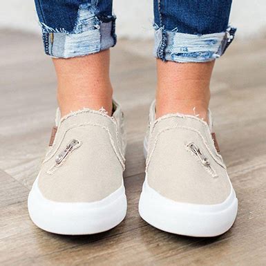 Women's Distressed-Look Slip-On Sneakers with Zipper - Grommet Trim / Beige