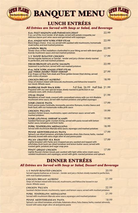 Open Flame Restaurant: Banquet Menu