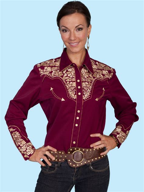 Scully® Womens Burgundy and Gold Embroidered Yoke LS Western Show Shirt ...