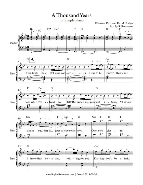 Christina Perri – A Thousand Years – Simple Piano Sheet Music Arrangement – Sophie Sauveterre ...