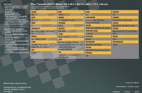 Auto XS Car or SUV Cover: Size Charts | Aldi Reviewer