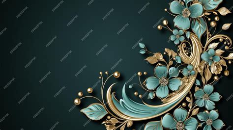 Premium AI Image | golden floral background with turquoise flowers and leaves on a black background