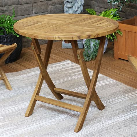 Sunnydaze Round Folding Solid Teak Outdoor Dining Table - Light Wood Stain Finish - Patio, Deck ...