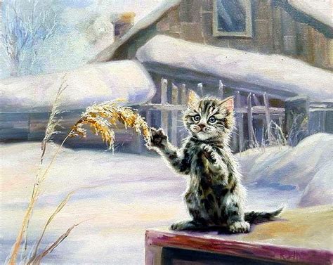 Cat on snow, art, snow, painting, cat, kitten, winter, HD wallpaper ...