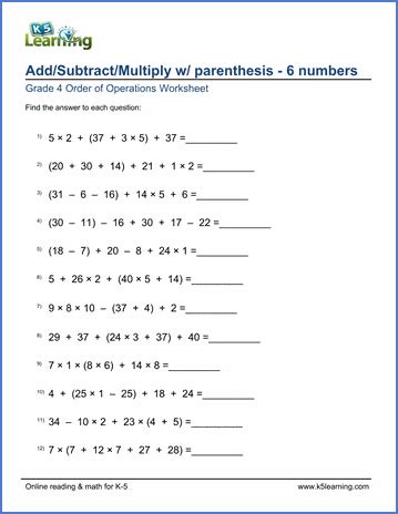 4th Grade Order of Operations Worksheets | K5 Learning