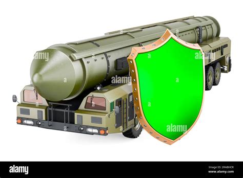 Scud missile, mobile short-range ballistic missile system with shield. 3D rendering isolated on ...