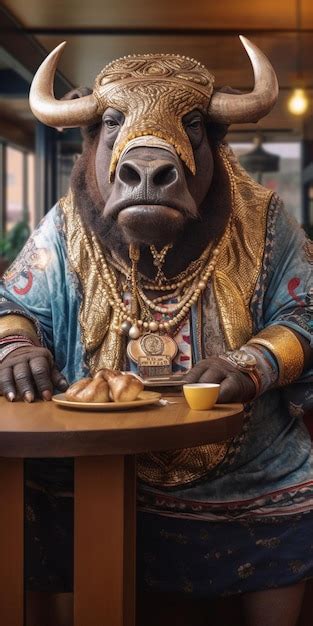 Premium Photo | A bull sits at a table with a plate of food and a plate ...