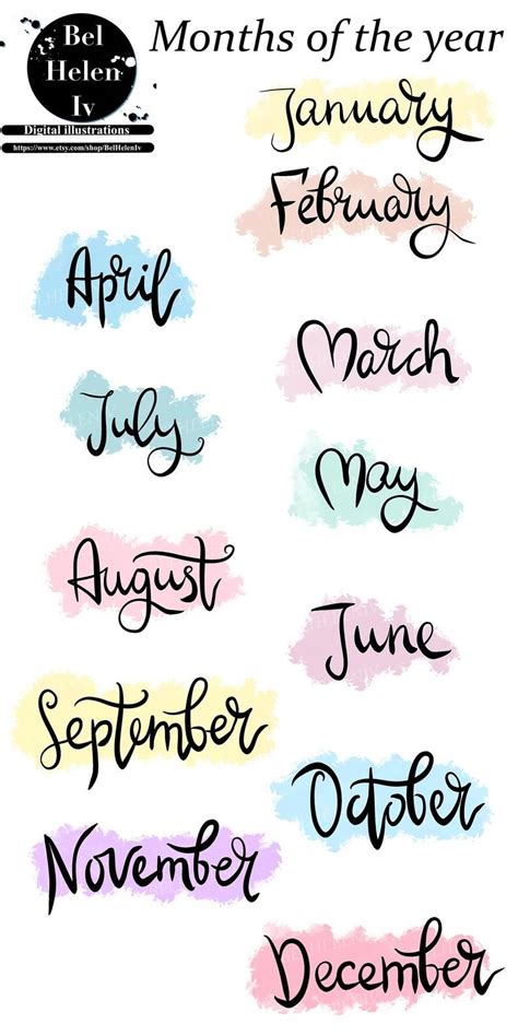 Months of the year clip art set, word art clip art, brush lettering, days of the week, digital ...