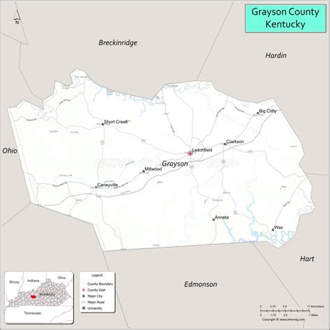 Map of Grayson County, Kentucky showing cities, highways & important ...