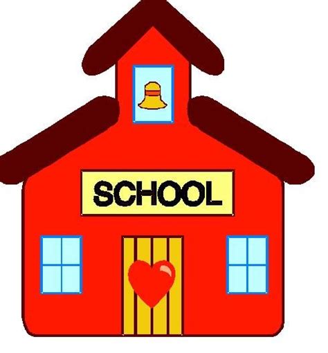 a red school building with a bell on the top and a heart in the window