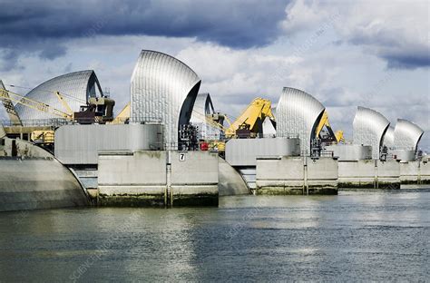 Thames flood barrier with gates closed - Stock Image - E160/0224 ...