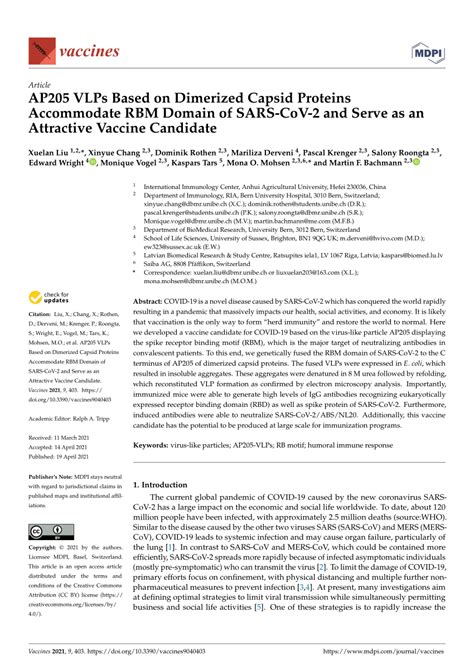 (PDF) AP205 VLPs based on dimerized capsid proteins accommodate RBM domain of SARS-CoV-2 and ...