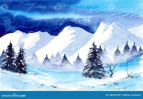 Watercolor Snowy Mountain with Firs and Snowdrifts Stock Photo - Image of frozen, travel: 156241534