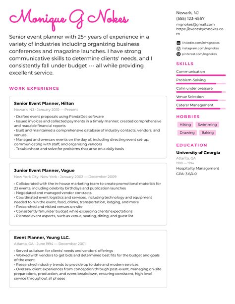 Special Event Coordinator Resume Sample