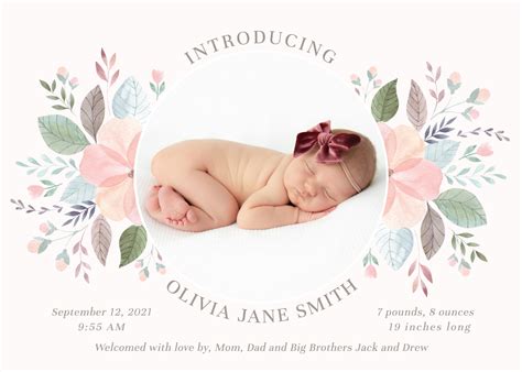 Baby Birth Announcement Template Girl - Floral Newborn Announcement - Girl Birth Card - Photo ...