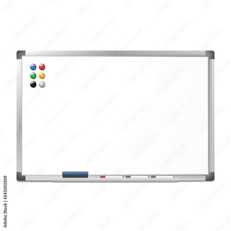 Blank magnetic dry erase whiteboard with the eraser, 3 markers and 6 magnets isolated on white ...