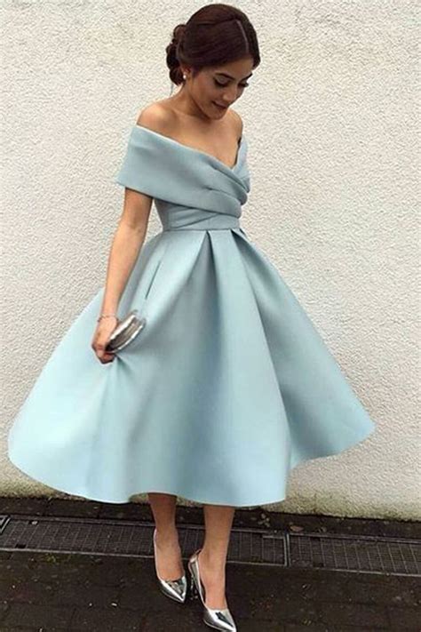 Light blue chiffon off-shoulder A-line knee-length dress, formal dress | QPromDress | Cheap Prom ...