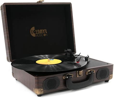 VINYL MUSIC ON Bluetooth Record Player with Built-in Speakers, 3 Speed Briefcase Turntable with ...