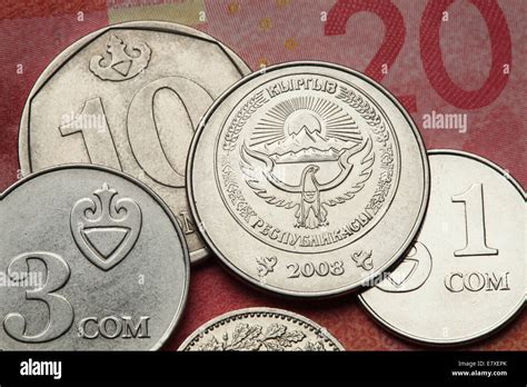 Coins of Kyrgyzstan. National emblem of Kyrgyzstan depicted in Kyrgyzstani som coins Stock Photo ...