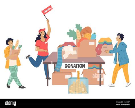 Volunteers collecting money, groceries, clothes for homeless, vector illustration. Volunteering ...