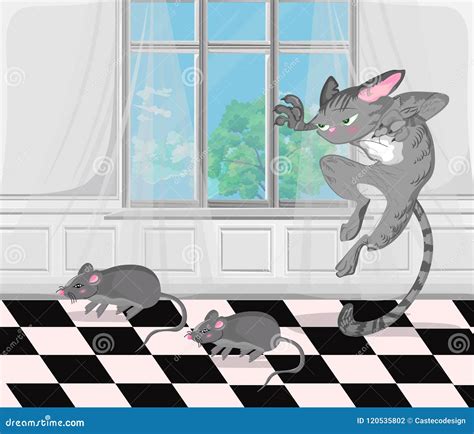 Cat Attacking Mice Vector. Cartoon Character Funny Illustrations Stock Vector - Illustration of ...