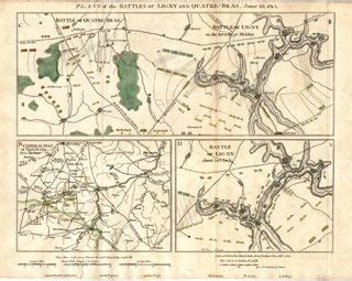 Plans of the Battles of Ligny and Quatre-Bras June 16th, 1815. Coloured Map showing in colours ...