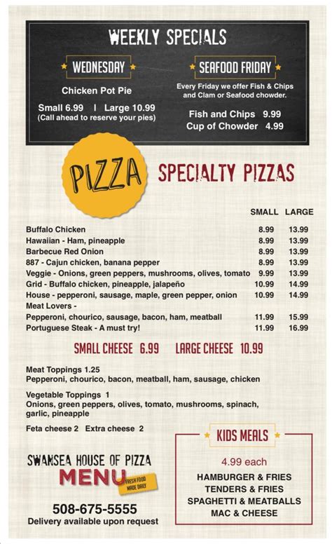 Menu of Swansea House of Pizza in Swansea, MA 02777