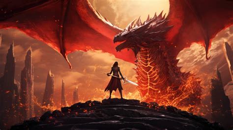 A brave knight raises her sword as a fiery dragon circles overhead