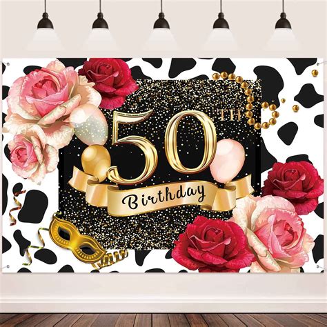 Buy 50th Birthday Party Backdrop Golden Happy Birthday Photography Banner FHZON Pink Roses ...