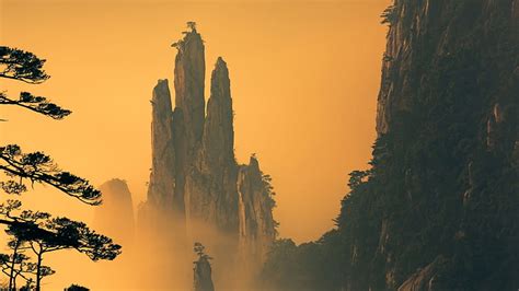 HD wallpaper: huangshan mountain range, orange sky, asia, china, mount huangshan | Wallpaper Flare