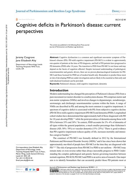 (PDF) Cognitive deficits in Parkinson’s disease: current perspectives