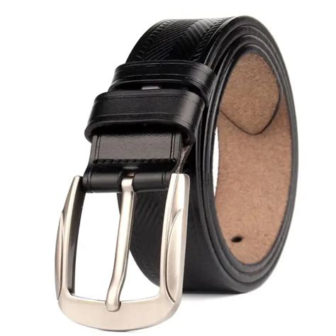 Cowskin Leather Waist Belts For Men Jeans T Shirt Pin Buckle Metal Stripe Embossed Genuine ...