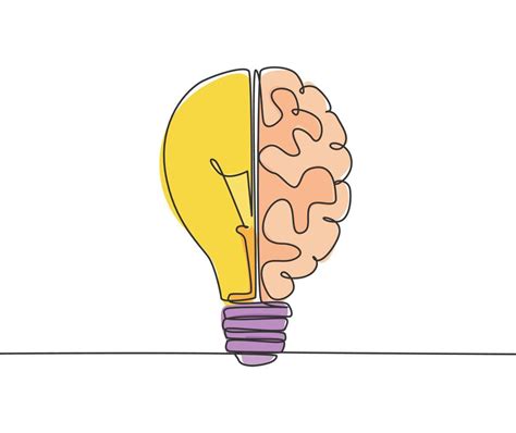 Single continuous line drawing of half light bulb and half human brain ...