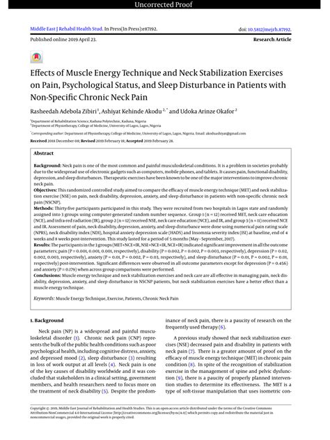 (PDF) Effects of Muscle Energy Technique and Neck Stabilization Exercises on Pain, Psychological ...