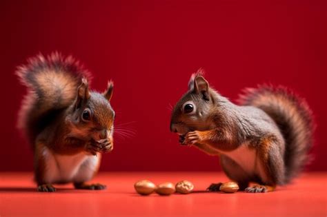 Premium Photo | Two squirrels eating peanuts on a red background