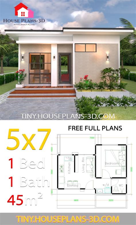 Small House Design Plans 5x7 with One Bedroom Shed Roof - Tiny House Plans