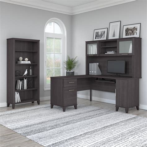 Bush Furniture Somerset 60W L Shaped Desk with Hutch and 5 Shelf Bookcase in Storm Gray ...