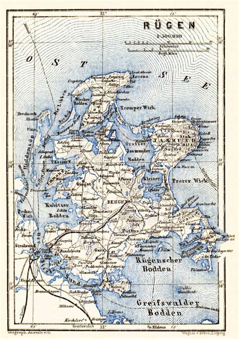 Old map of Rügen Island map in 1887. Buy vintage map replica poster print or download picture