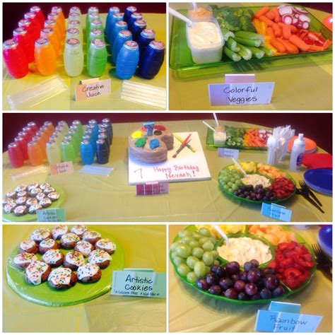 Rainbow/Paint party table snacks: colored juices, veggies & fruit to match colors of rainbow ...