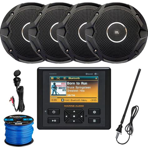 Marine Audio AM/FM USB Bluetooth Waterproof Stereo, 4 x 6.5" Dual Cone Black Stereo Speakers ...