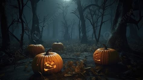 Halloween Pumpkins In The Dark Forest Background, 3d Rendering ...