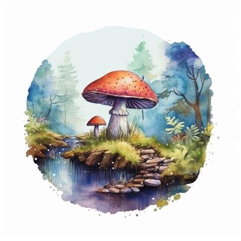 Premium AI Image | A painting of a mushroom sitting on top of a lush green forest generative ai